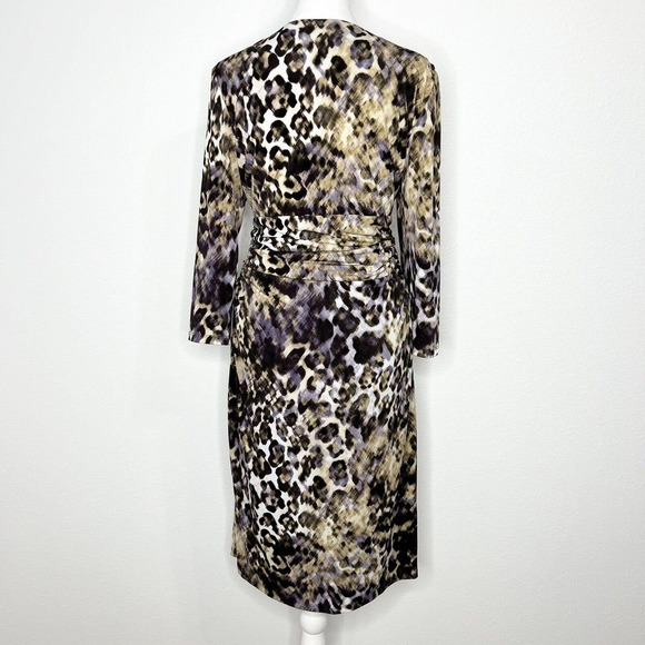 LAUREN Ralph Lauren Brown & Purple Leopard V-Neck 3/4 Sleeve Ruched Dress Sz 10 - Picture 5 of 11